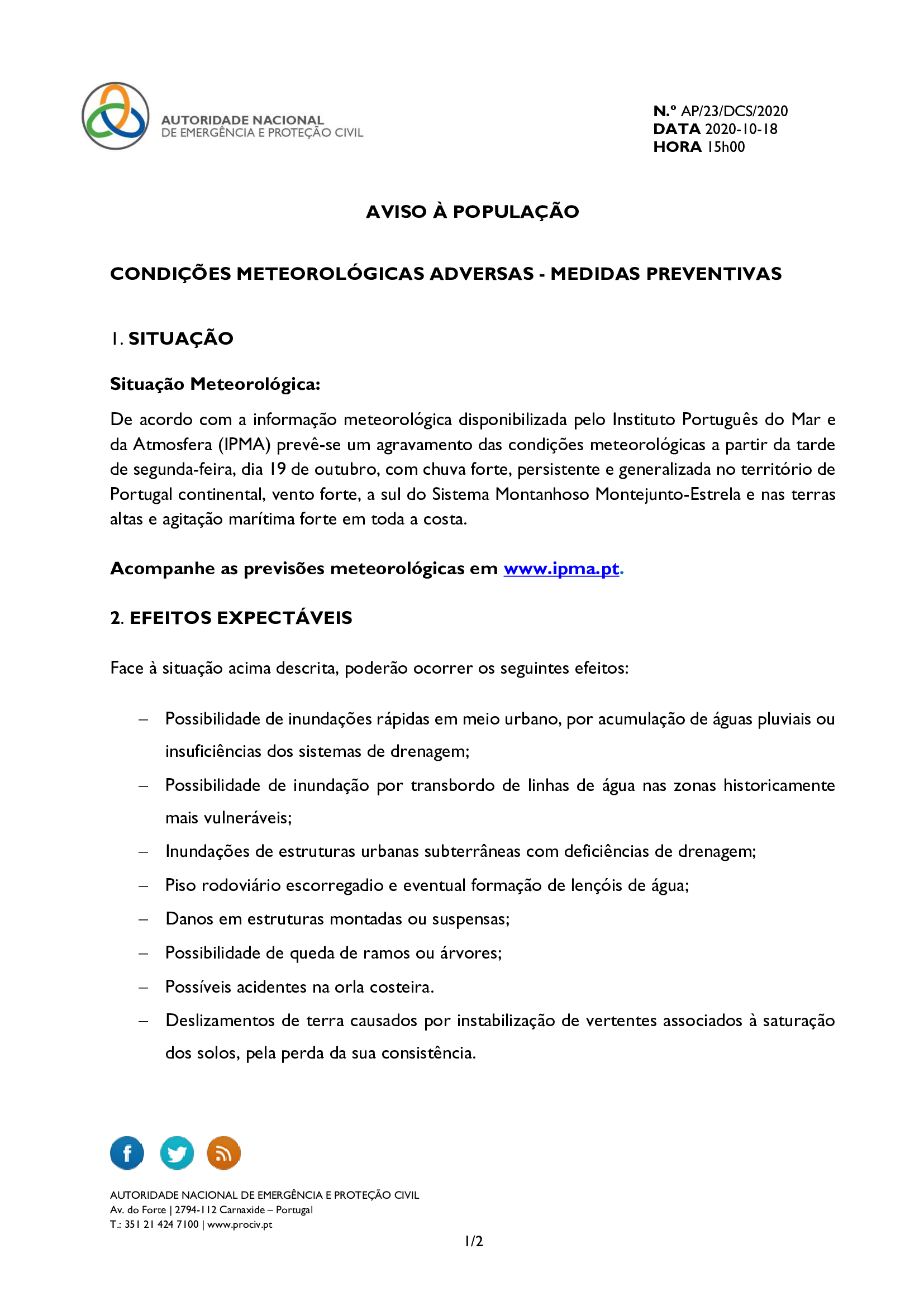 AVISO À POPULAÇÃO CONDIÇÕES METEOROLÓGICAS ADVERSAS MEDIDAS PREVENTIVAS 18OUT2020 1 of 2